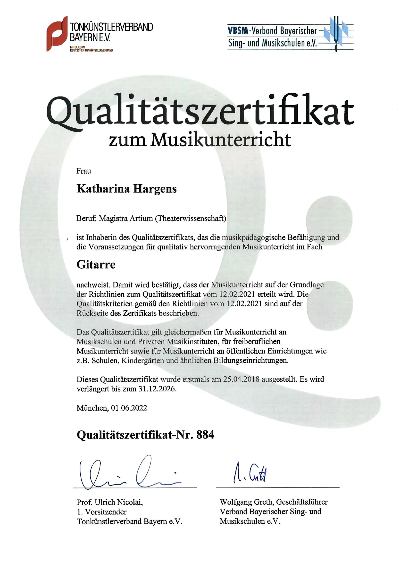 Qualitätszertifikat Katharina Hargens